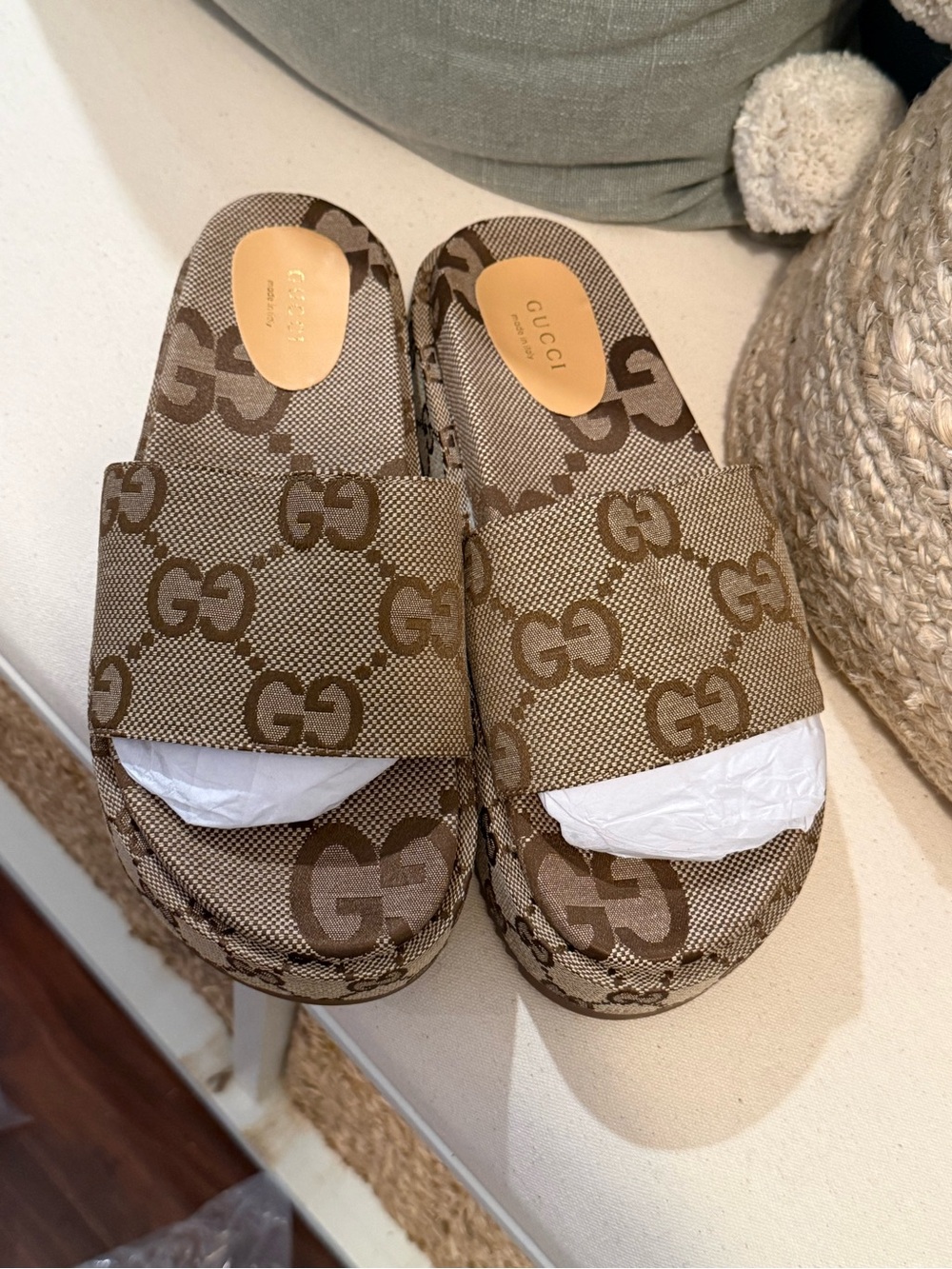 GG Beige & Brown GG Monogram Slide Sandals